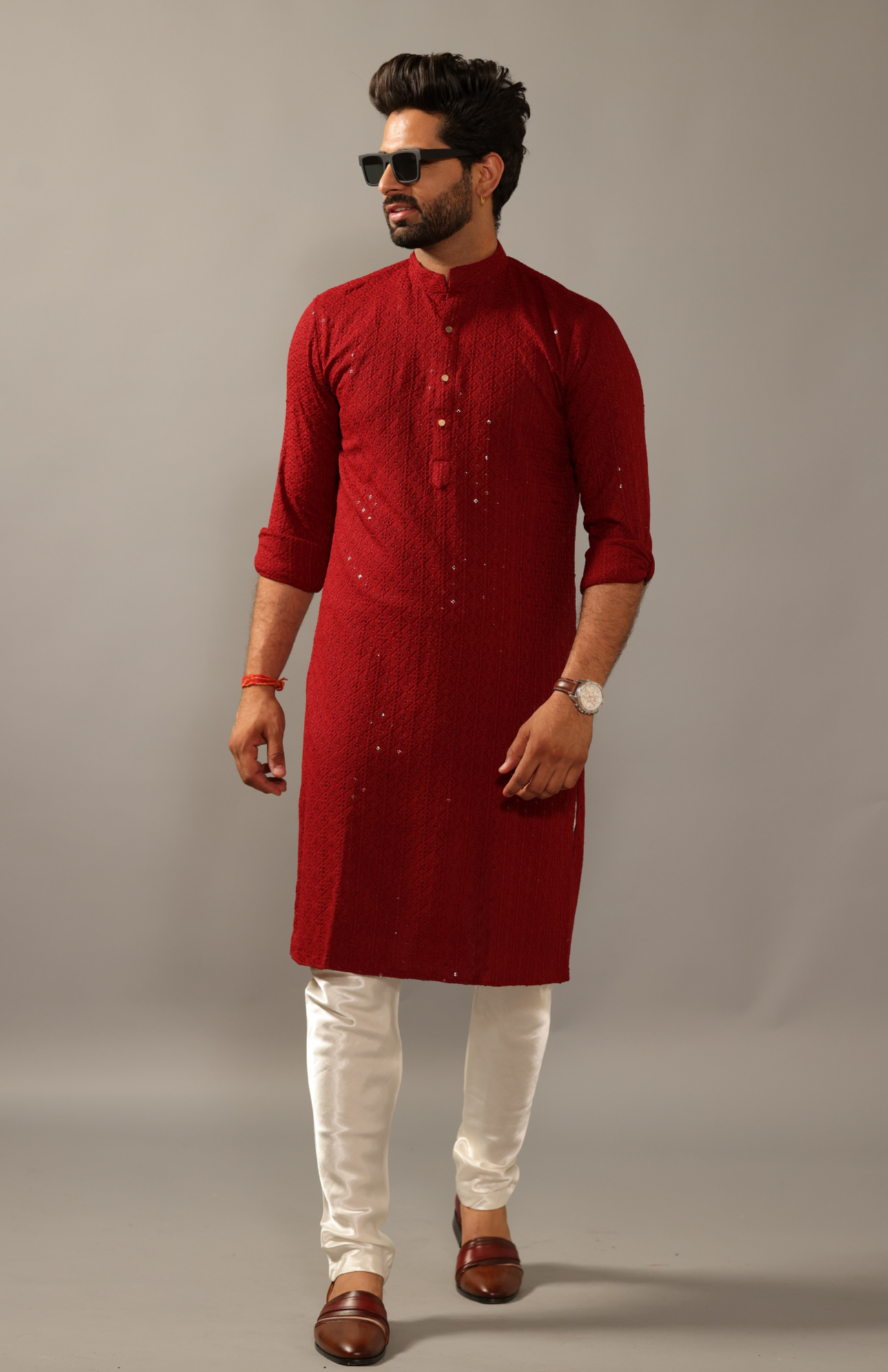 Hand-crafted Ruby Red Lucknowi Chikankari Embroidered Kurta-Pajama Set| Best for Wedding wear, Festive wear| Navratri, Diwali, Raksha Bandhan|