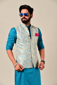 Aesthetic Sky-Blue Banarasi brocade Jodhpuri Jacket with Kurta Pajama Set | Free Personalization |Best Seller| Perfect  For Marriage Functions Festivals | Raksha Bandhan, Diwali, Navratri|