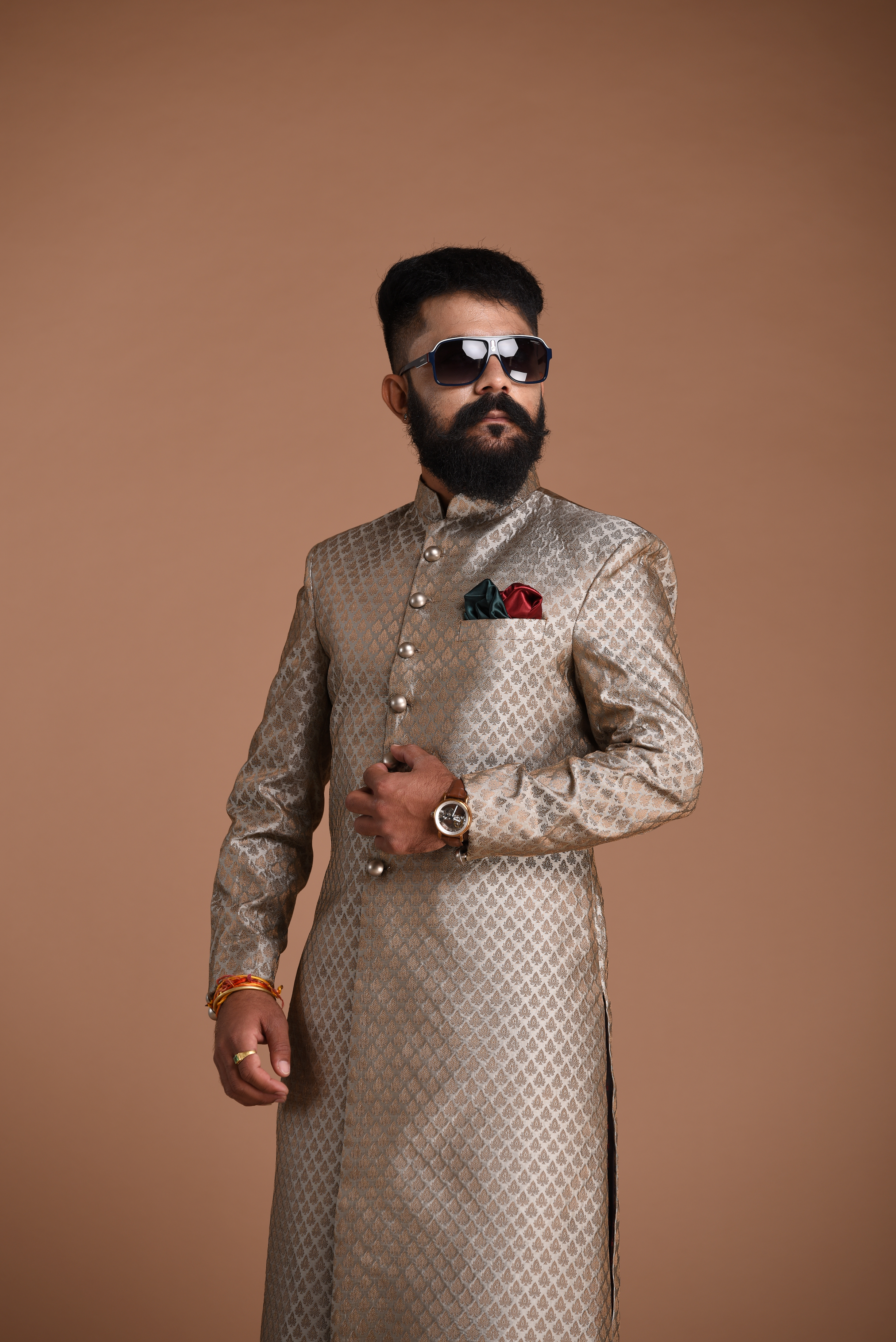 Dazzling Silver Booti Pattern Brocade Silk Sherwani/ Achkan for Men  | Best For Wedding ,Grooms Formal Indian Events Festivals