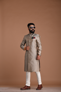Dazzling Silver Booti Pattern Brocade Silk Sherwani/ Achkan for Men  | Best For Wedding ,Grooms Formal Indian Events Festivals