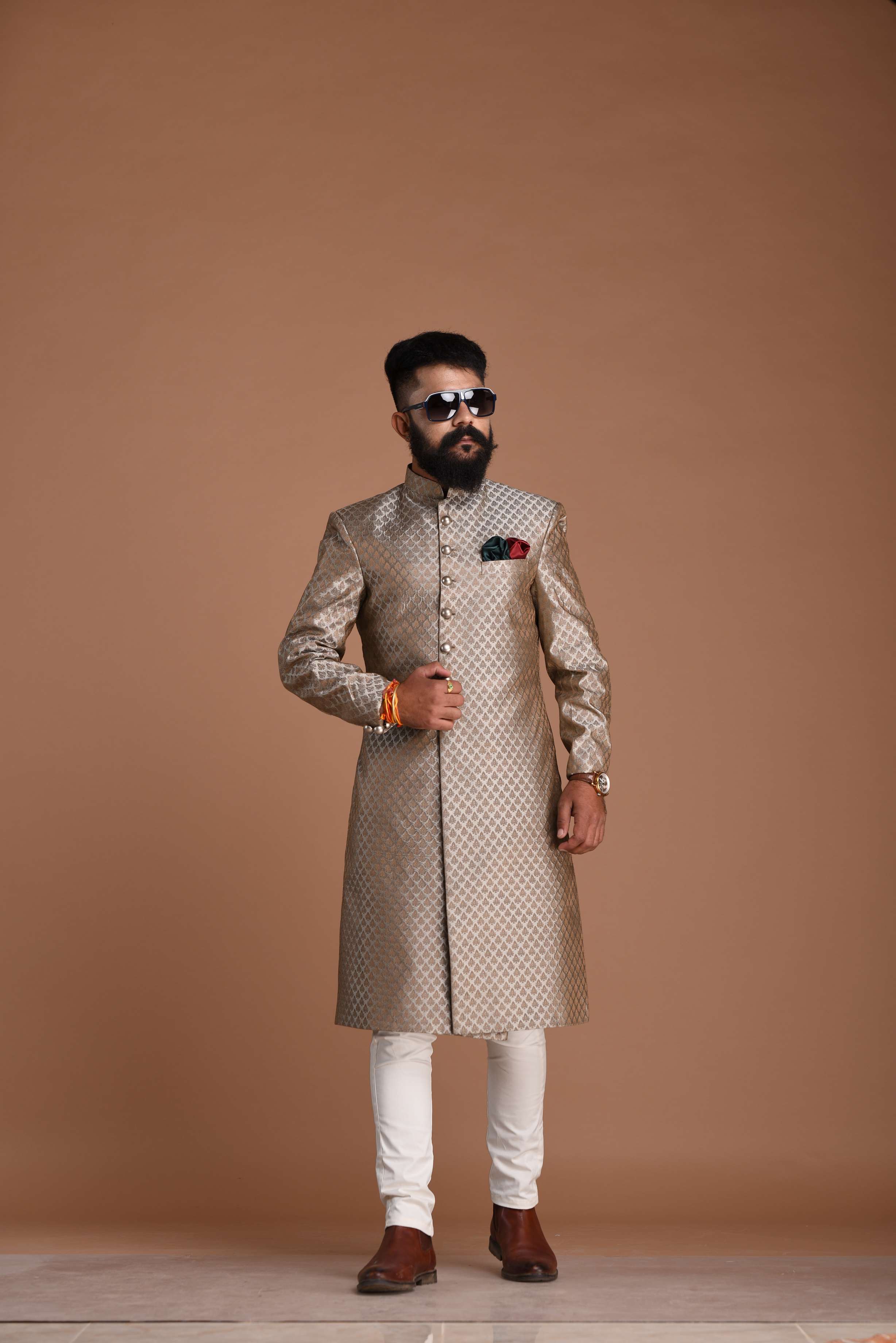 Dazzling Silver Booti Pattern Brocade Silk Sherwani/ Achkan for Men  | Best For Wedding ,Grooms Formal Indian Events Festivals