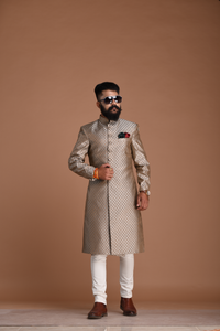 Dazzling Silver Booti Pattern Brocade Silk Sherwani/ Achkan for Men  | Best For Wedding ,Grooms Formal Indian Events Festivals