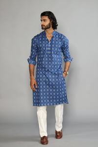 Hand-crafted Navy Blue Damask Print Sanganeri Kurta Pajama Set | Diwali, Eid , Pooja | Traditional , Functional , Wedding , Indian Party Wear