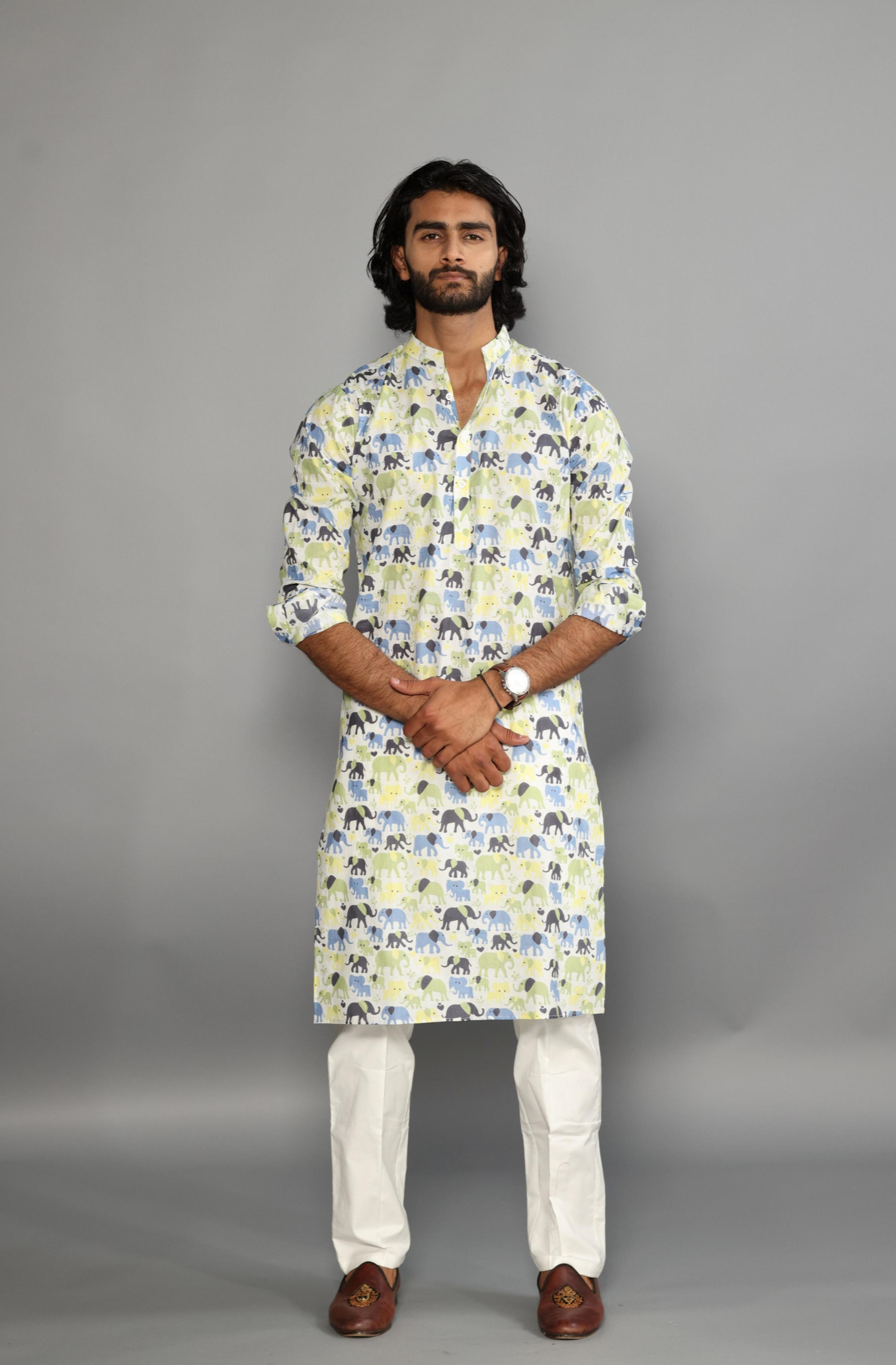 Elegant Multi-Elephant Print Sanganeri White Kurta Pajama Set | Diwali, Eid , Pooja | Traditional , Functional , Wedding, Indian Party Wear