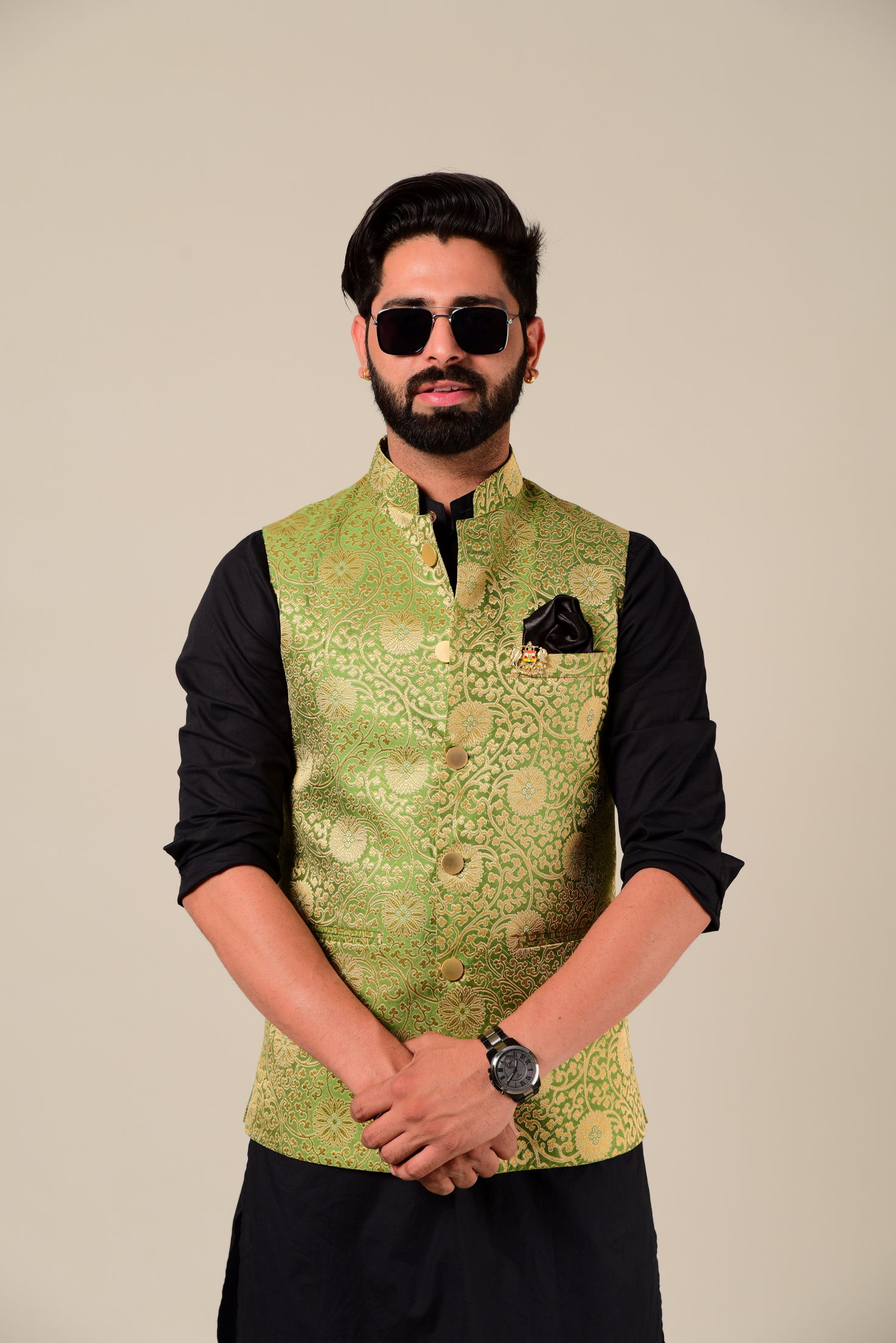 Royal Rajputana Style Black Kurta Pajama Set with Green Banarasi Brocade Nehru Jacket | Open Day Functions Wedding Ceremonies Festivals Indian Dinner