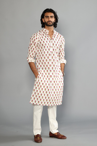 Elegant Off White Pink Booti Print Sanganeri White Kurta with White Pajama | Diwali, Eid , Pooja | Traditional , Functional , Wedding , Indian Party Wear