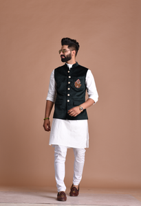 Aesthetic Hand-Embroidered Royal Horse Velvet Jodhpuri Half Jacket with White Kurta Pajama Set | Dark Green Color | Free Personalization |