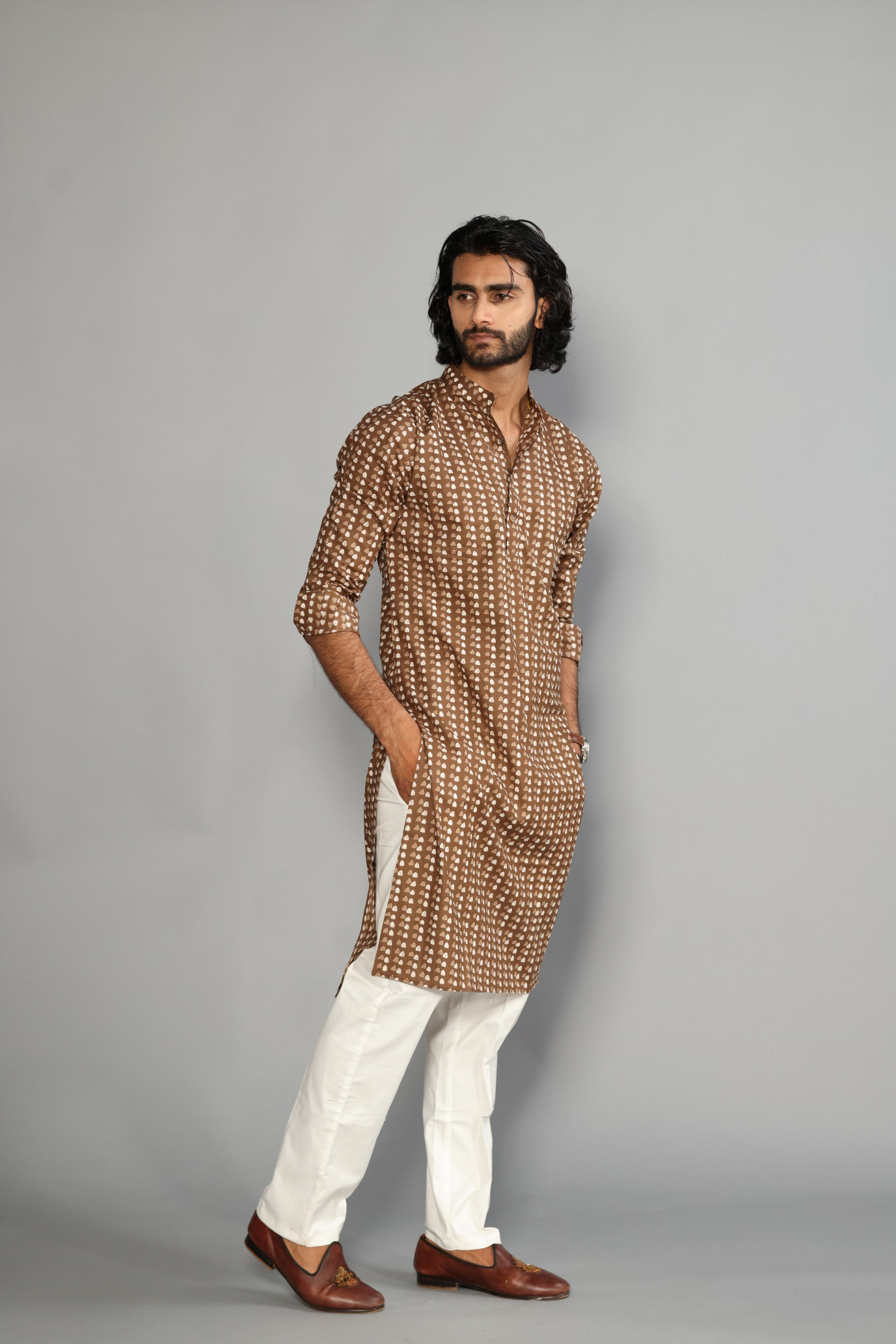 Alluring Walnut Brown Sanganeri Printed Kurta with White Pajama | Diwali Eid, Pooja | Traditional, Functional, Wedding, Indian Party Wear