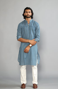 Elegant Blue Zigzag Printed Sanganeri  Kurta with White Pajama Set | Diwali Eid, Pooja | Traditional, Functional, Wedding, Indian Party Wear