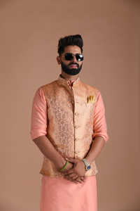 Traditional Floral Pattern Banarasi Brocade Nehru Jacket with Silk Kurta Pajama Set| Fee Personalisation |  Best for Sangeet Function | Family Function|