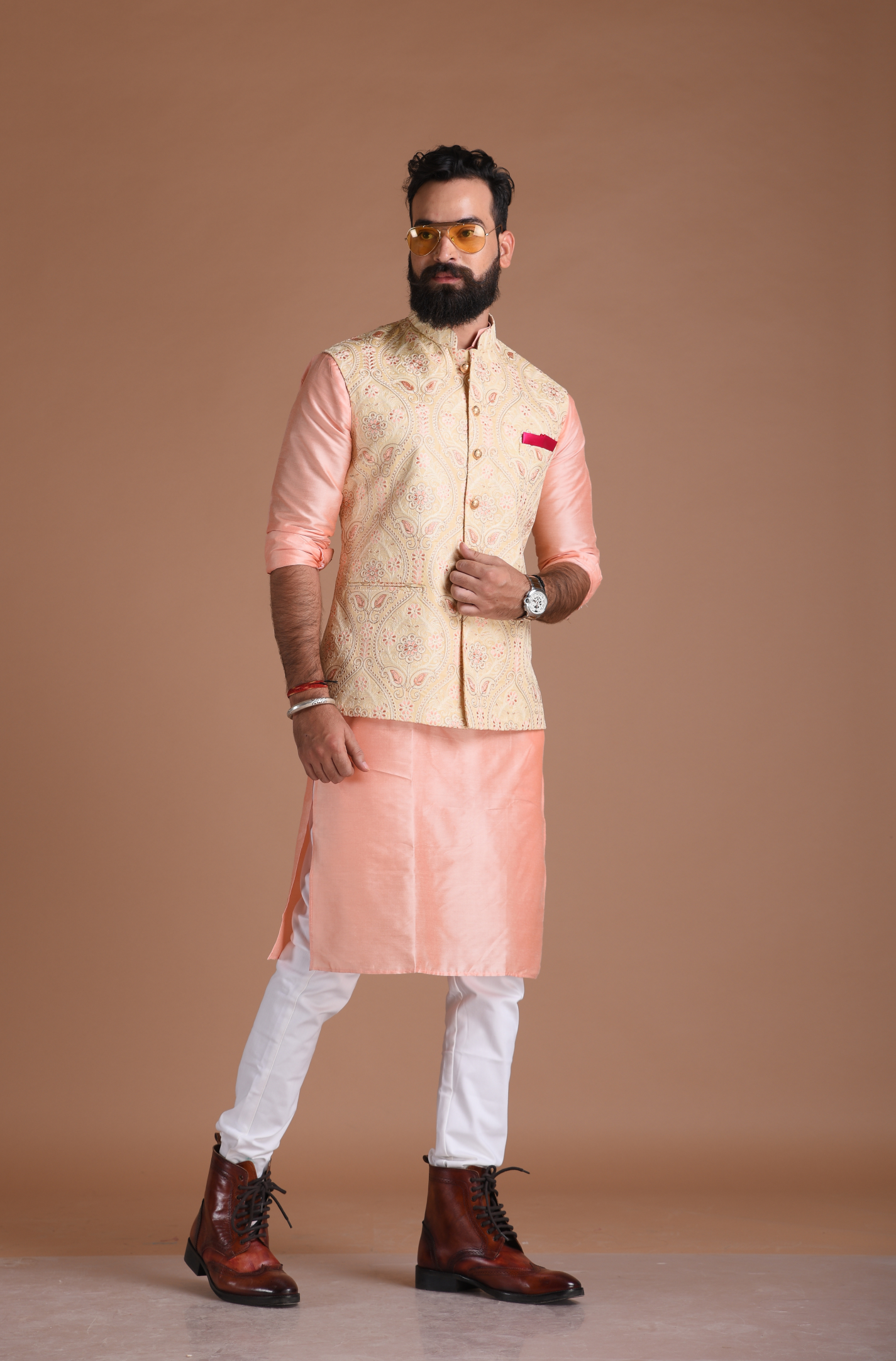 Alluring Quilted Floral Pattern Cream Nehru Jacket with Silk Kurta Pajama Set| Free Personalization |  Best for Sangeet Function | Wedding Ceremony