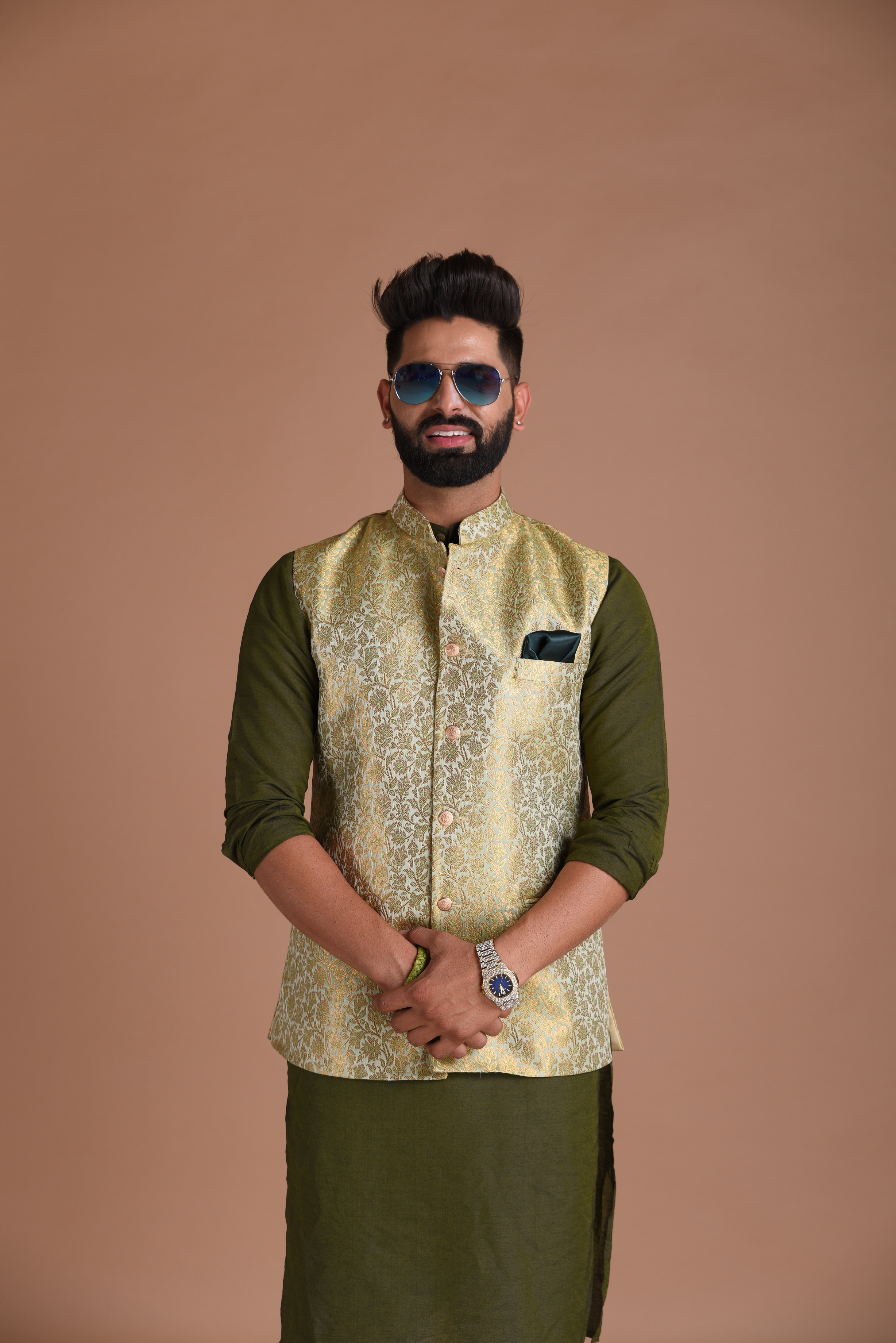 Stunning Golden-Green Banarasi Brocade Half Jodhpuri Jacket with silk pajama set| Best For Mehndi / Haldi Function | Free Personalisationta pajama set Best For Mehndi / Haldi Function | Free Personalisation