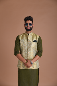 Stunning Golden-Green Banarasi Brocade Half Jodhpuri Jacket with silk pajama set| Best For Mehndi / Haldi Function | Free Personalisationta pajama set Best For Mehndi / Haldi Function | Free Personalisation