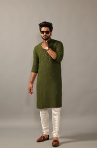 Hand-crafted Battle Green Lucknowi Chikankari Embroidered Kurta-Pajama Set| Best for Wedding wear, Festive wear| Navratri, Diwali, Raksha Bandhan|