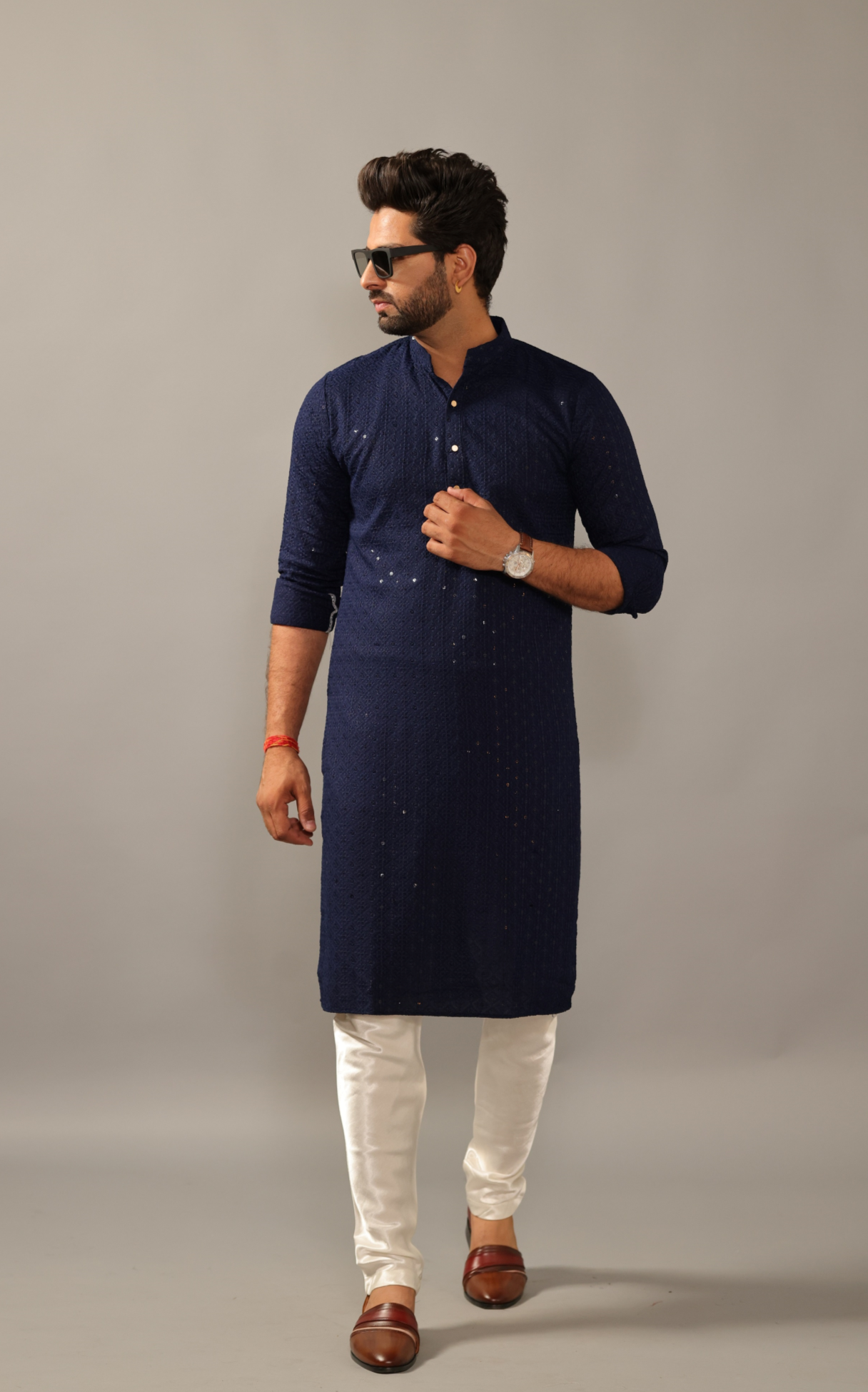 Hand-crafted Navy-Blue Lucknowi Chikankari Embroidered Kurta-Pajama Set| Best for Wedding wear, Festive wear| Navratri, Diwali, Raksha Bandhan|