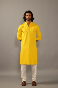 Hand-crafted Yellow Lucknowi Chikankari Embroidered Kurta-Pajama Set| Best for Wedding wear, Festive wear| Navratri, Diwali, Raksha Bandhan|