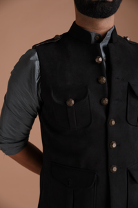 Exclusive Black Faux Suede Leather Half Hunting Style Jacket with Kurta Pajama Set | Perfect for Casual wear, Festive wear|