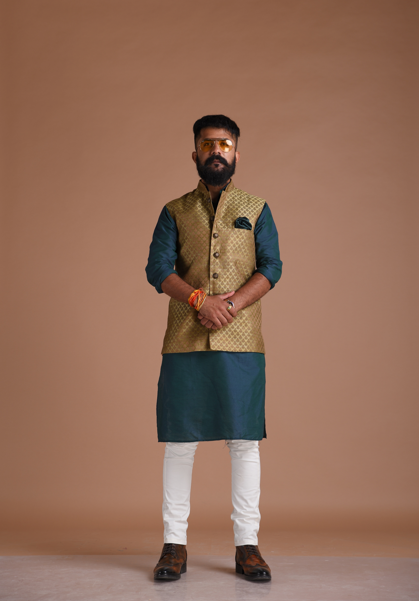 Stunning Dark Brown Leaf Pattern Brocade Nehru Jacket with Kurta Pajama Set | Best For Wedding Functions | Cocktail Parties |