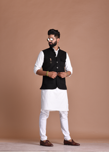 Aesthetic Three Pocket Black  Premium Faux Suede Leather Nehru Jacket with Kurta Pajama Set| Bespoke Indian Traditional Wear |