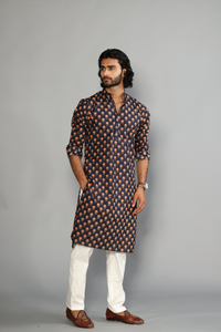 Hand-crafted Red Booti printed Navy Blue Sanganeri Kurta-Pajama Set | Diwali, Eid , Pooja | Traditional , Functional , Wedding , Indian Party Wear
