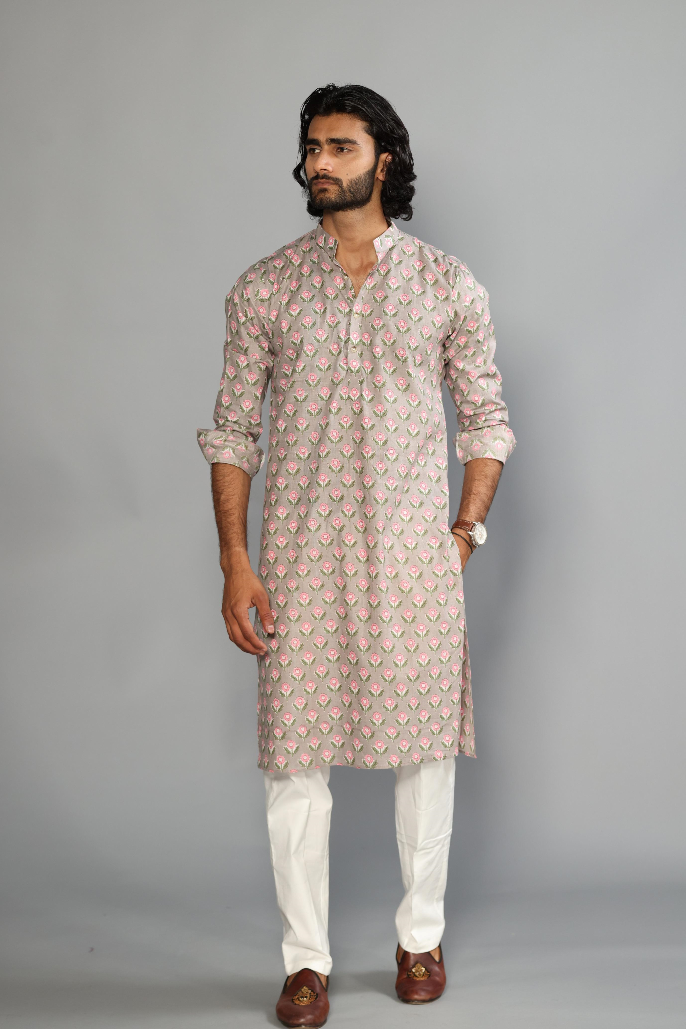 Alluring Thunder Grey Booti Printed Sanganeri Kurta with White Pajama | Diwali, Eid , Pooja | Traditional , Functional , Wedding , Indian Party Wear