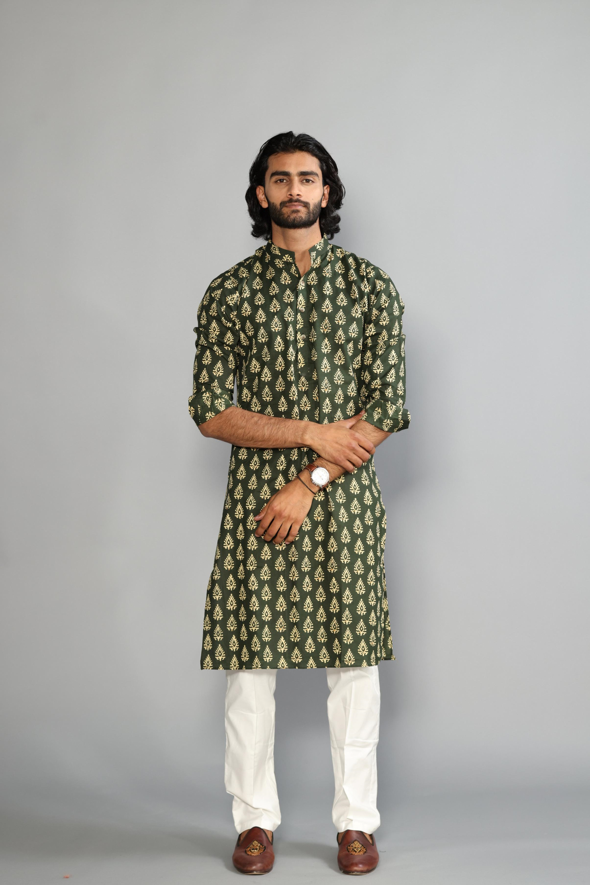 Jaipuri Juniper Green Block Print Sanganeri Kurta with White Pajama | Diwali Eid, Pooja | Traditional, Functional, Wedding, Indian Party Wear