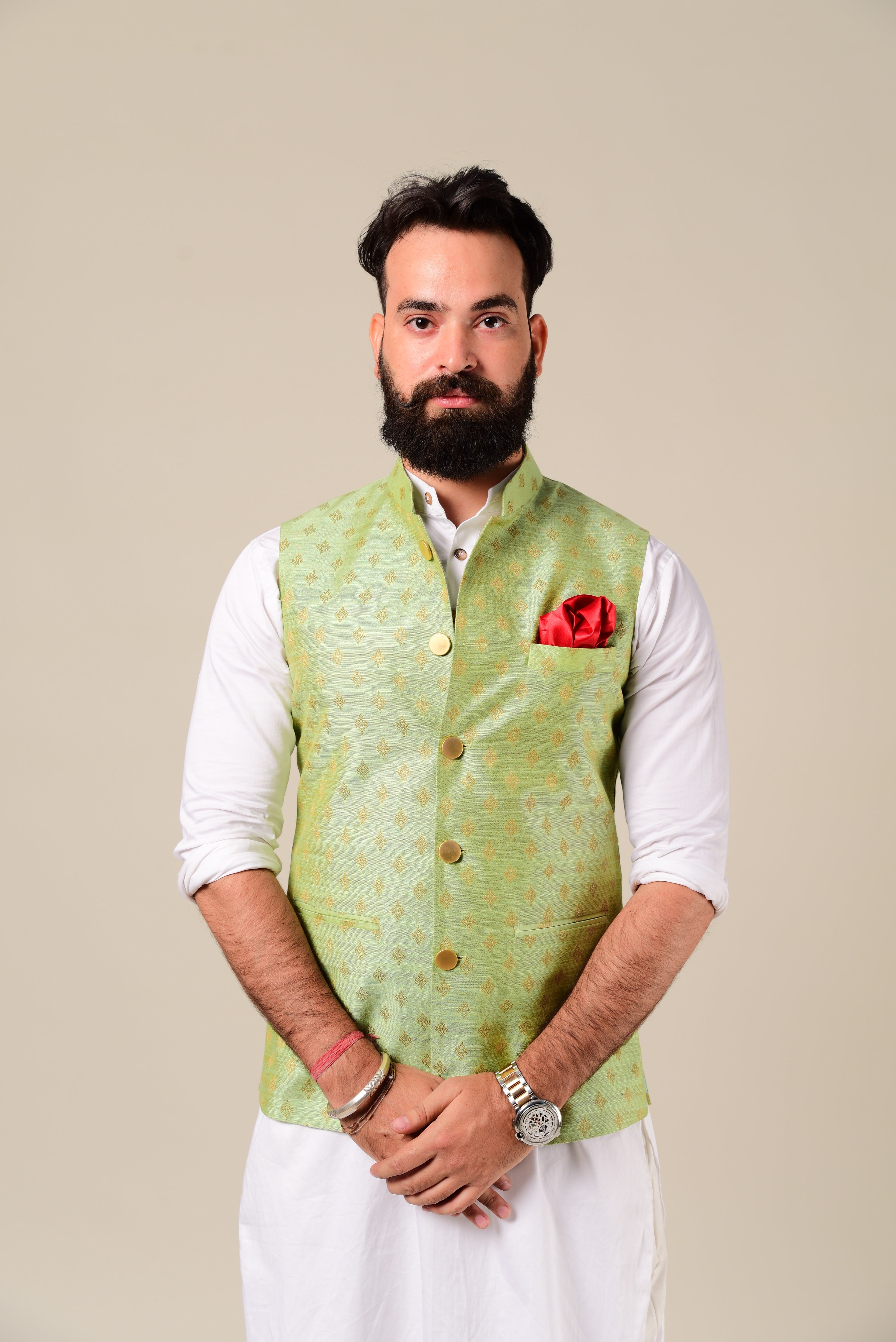 Hand-crafted Green Banarasi Silk Nehru Modi Jacket with Kurta-Pajama Set | Available in Father Son Combo | Perfect Dress for Weddings , Sangeet , Mehandi Functions