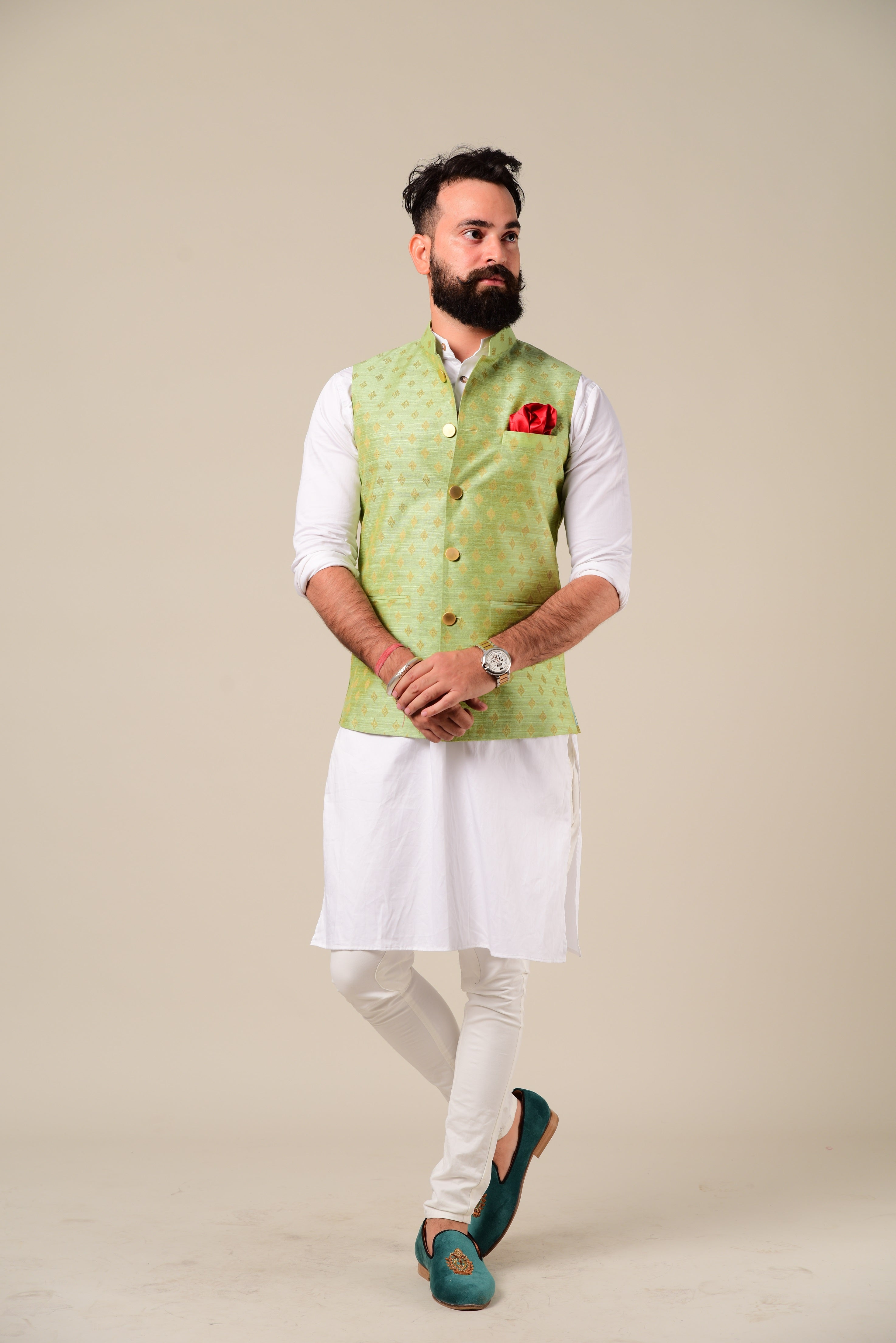 Hand-crafted Green Banarasi Silk Nehru Modi Jacket with Kurta-Pajama Set | Available in Father Son Combo | Perfect Dress for Weddings , Sangeet , Mehandi Functions