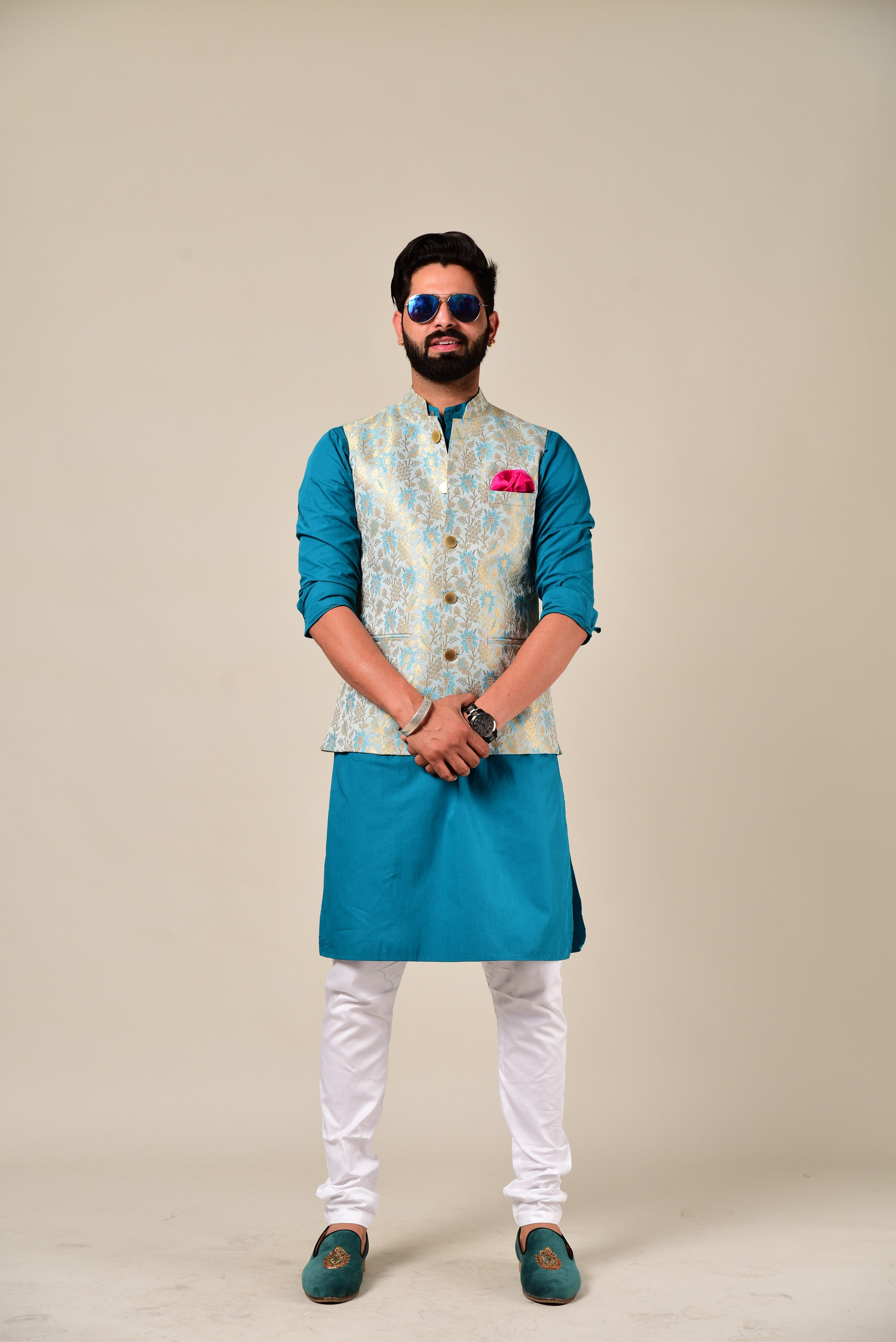 Handmade Elegant Jodhpuri Blue Kurta Pajama Nehru Modi Jacket Set | Free Personalisation | For Marriage Functions Festivals Diwali Eid Rakhi