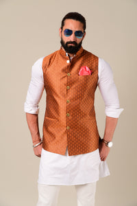 Elegant White Kurta Pajama Paired with Bright Rust Nehru Jacket  | Family Weddings Tradtional Festivals Rakshabandhan Eid Diwali