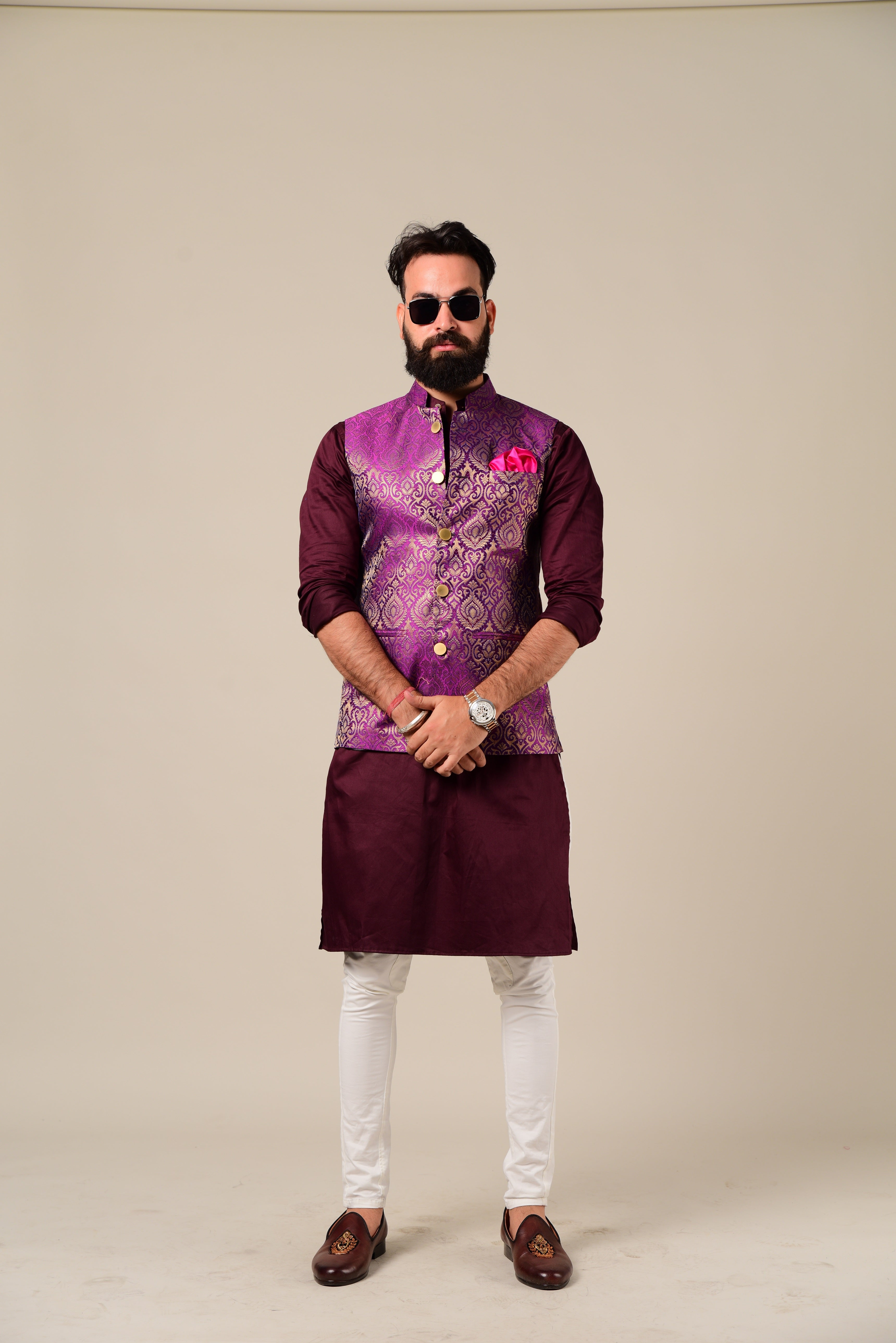 Hand-crafted Jam Purple Banarasi Brocade Nehru Jacket with Kurta Pajama Set| Open Day Functions Wedding Ceremonies Festivals Indian Dinner