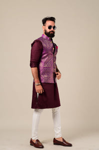 Hand-crafted Jam Purple Banarasi Brocade Nehru Jacket with Kurta Pajama Set| Open Day Functions Wedding Ceremonies Festivals Indian Dinner