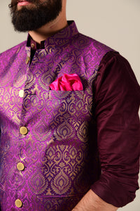 Hand-crafted Jam Purple Banarasi Brocade Nehru Jacket with Kurta Pajama Set| Open Day Functions Wedding Ceremonies Festivals Indian Dinner