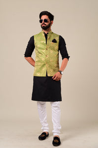 Royal Rajputana Style Black Kurta Pajama Set with Green Banarasi Brocade Nehru Jacket | Open Day Functions Wedding Ceremonies Festivals Indian Dinner