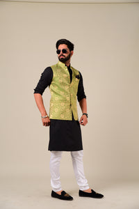 Royal Rajputana Style Black Kurta Pajama Set with Green Banarasi Brocade Nehru Jacket | Open Day Functions Wedding Ceremonies Festivals Indian Dinner