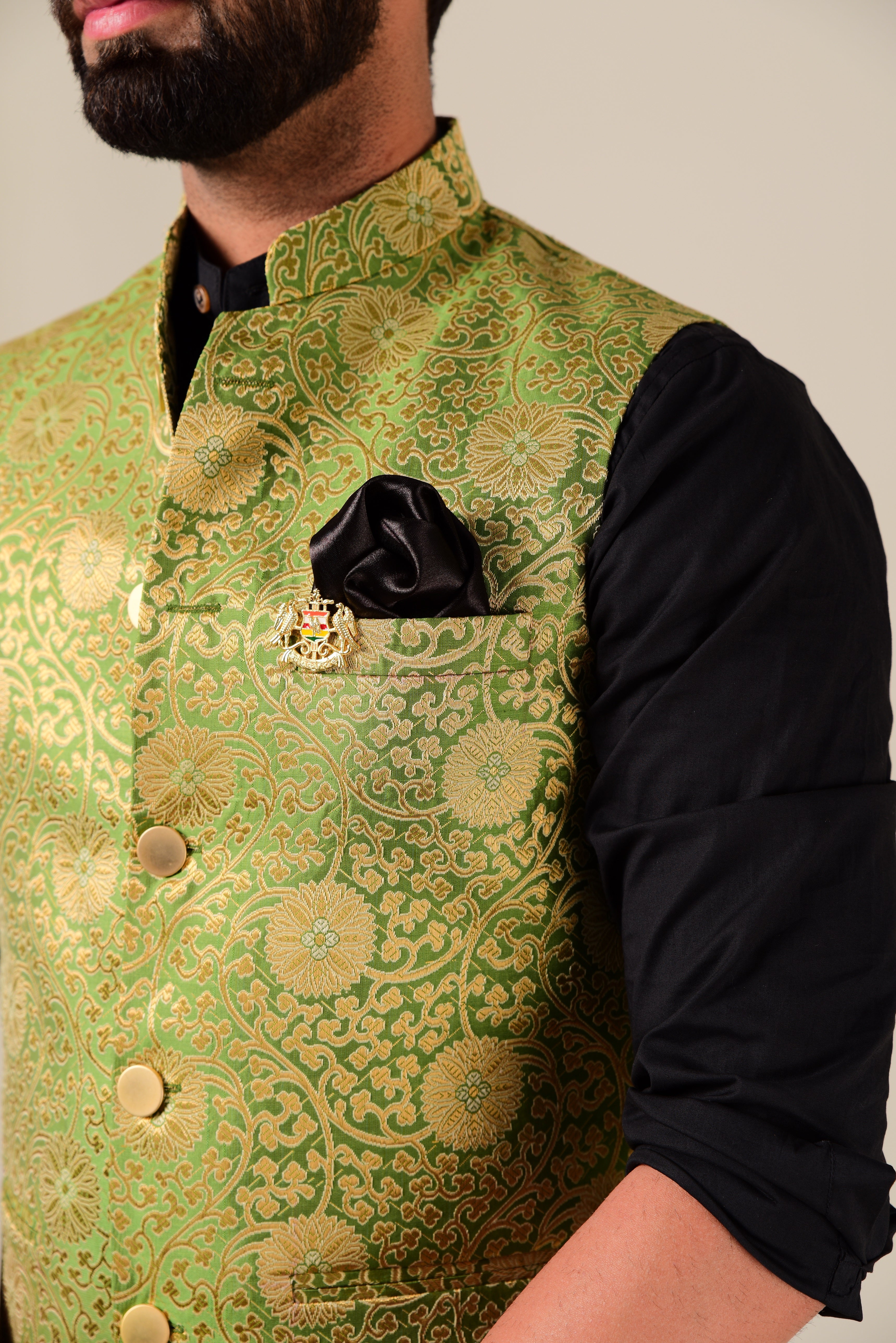 Royal Rajputana Style Black Kurta Pajama Set with Green Banarasi Brocade Nehru Jacket | Open Day Functions Wedding Ceremonies Festivals Indian Dinner