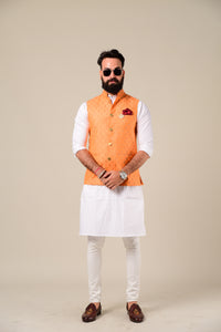 Elegant Orange Brocade Silk  Nehru Jacket with White Kurta Pajama | Wedding Functions Rakshabandhan Diwali Eid Open Lawn Party