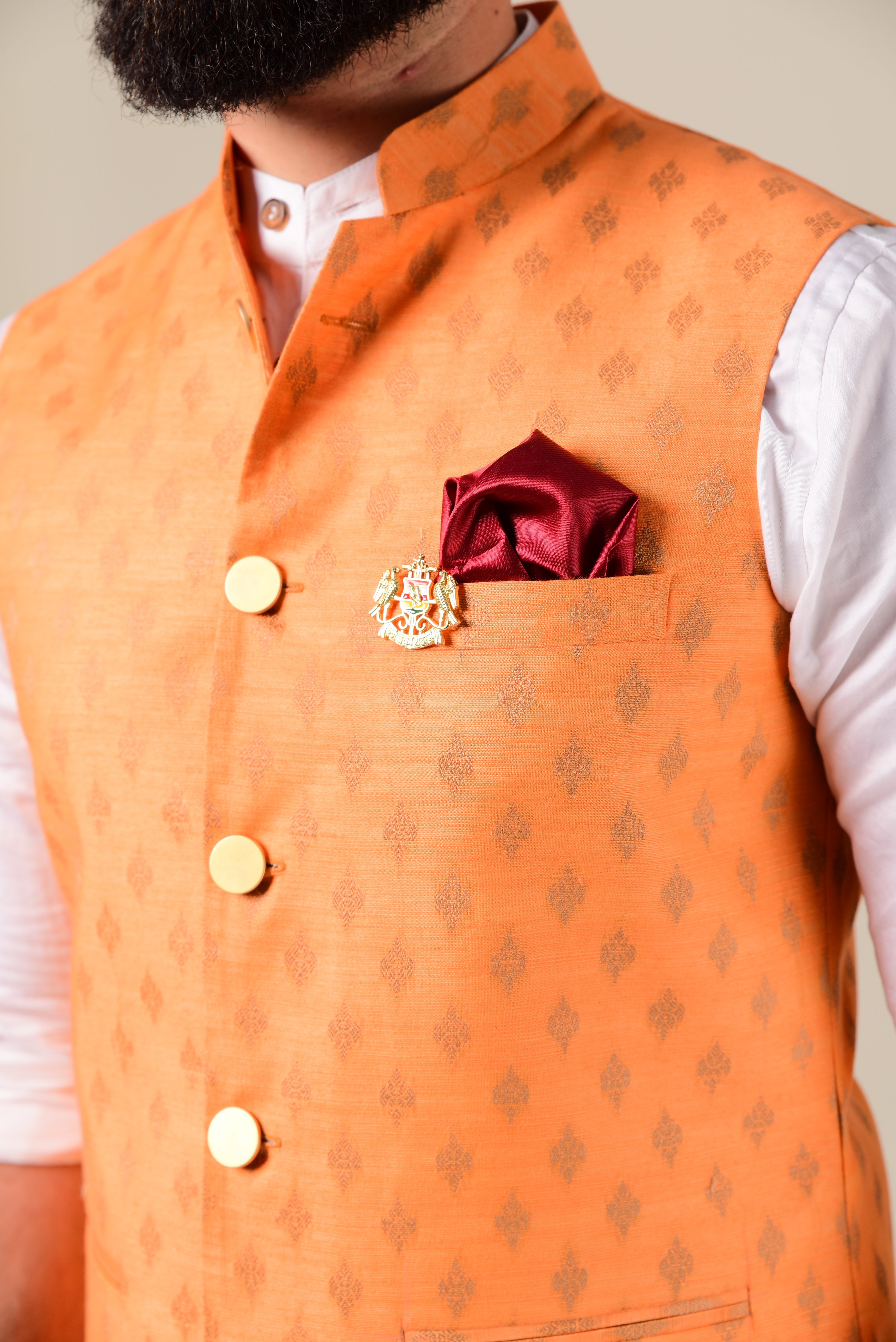 Elegant Orange Brocade Silk  Nehru Jacket with White Kurta Pajama | Wedding Functions Rakshabandhan Diwali Eid Open Lawn Party