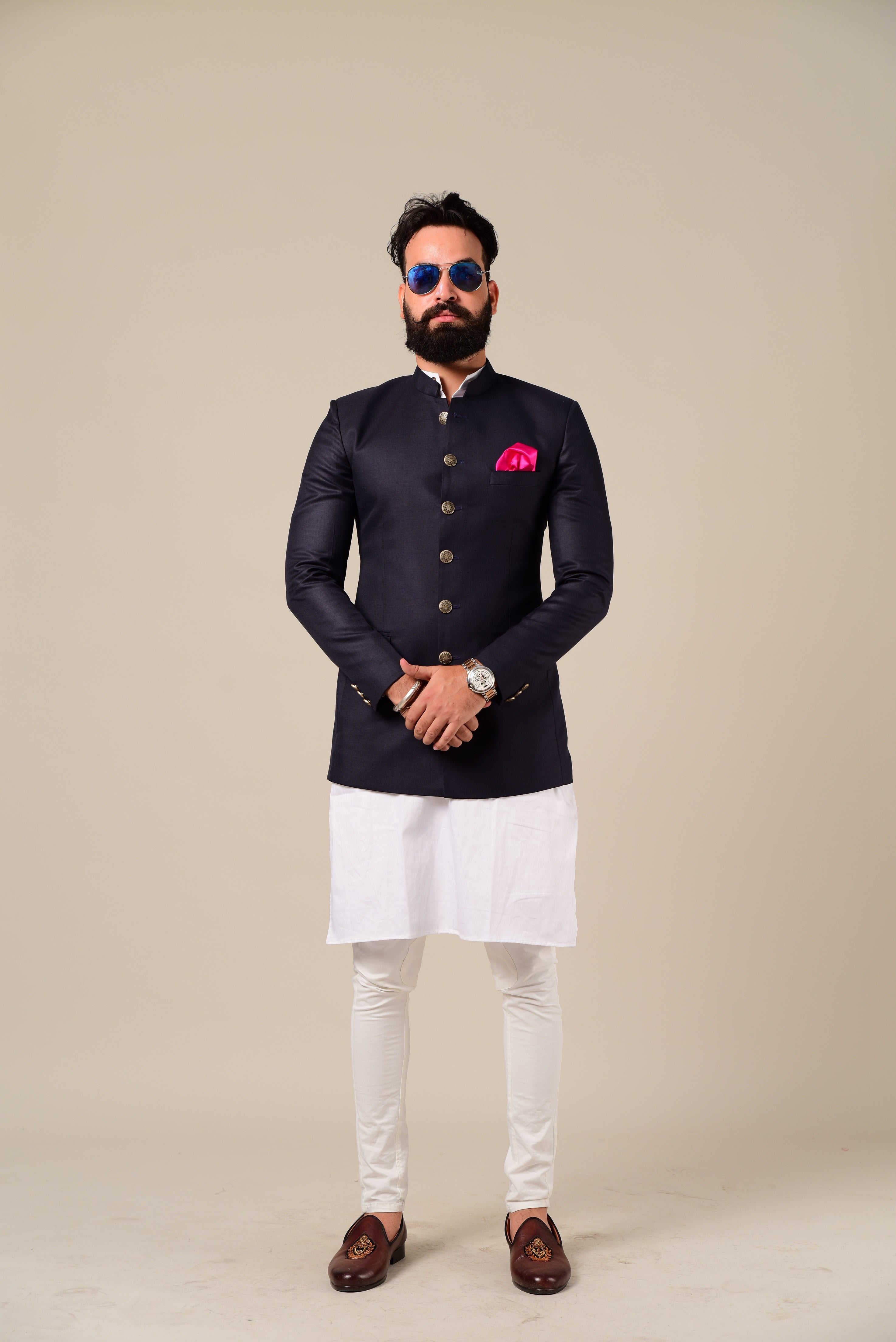 Hand-crafted Navy Blue Jodhpuri Band gala with Kurta Pajama Set, Available in Father Son Combo | Contemporarily styled ethnic