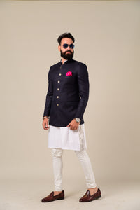 Hand-crafted Navy Blue Jodhpuri Band gala with Kurta Pajama Set, Available in Father Son Combo | Contemporarily styled ethnic