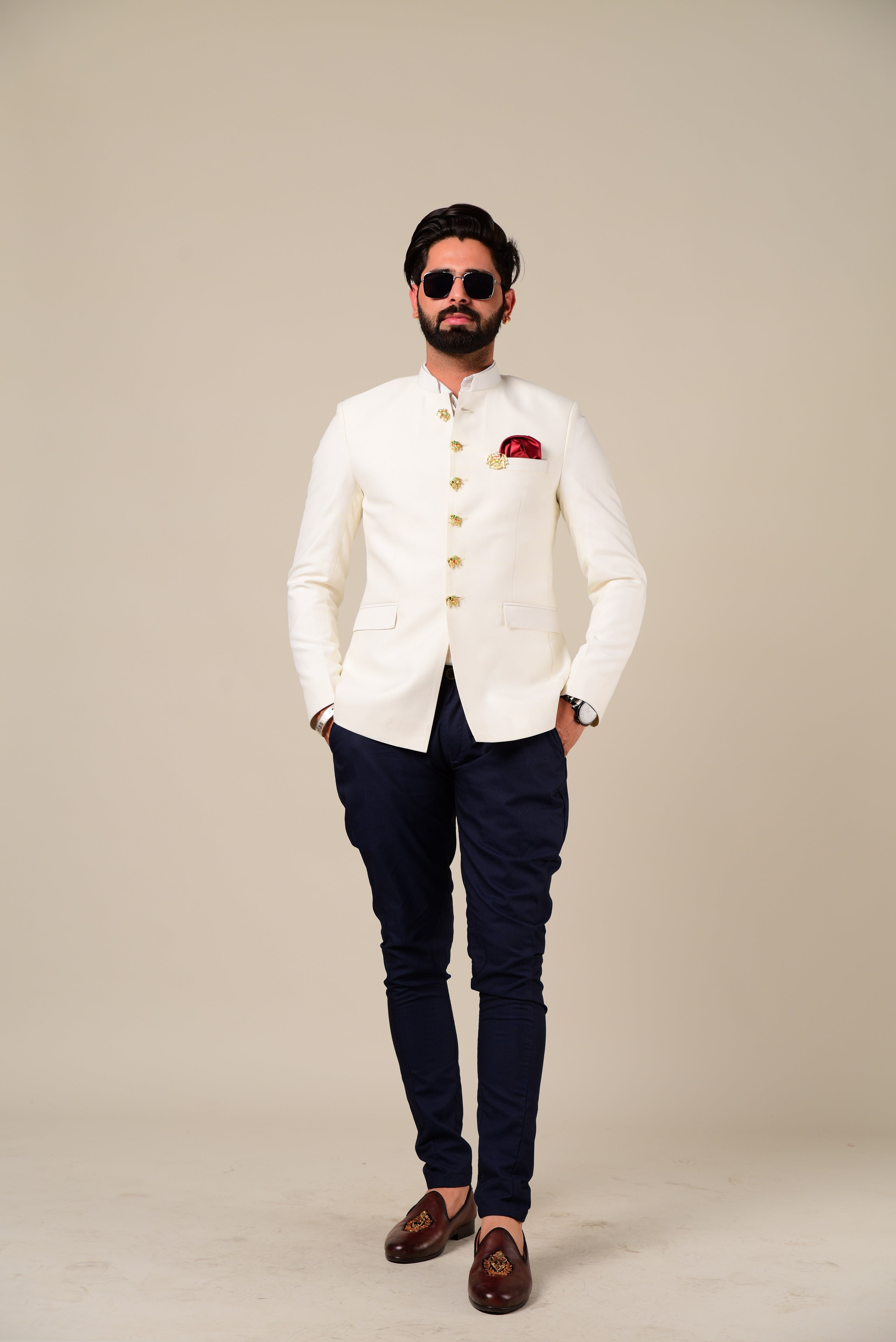 Exclusive White Jodhpuri Bandhgala with Elephant Buttons| Black Trouser | Partywear for Grooms and Friends | Handcrafted Vintage Buttons