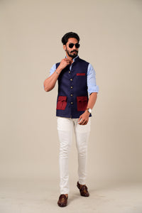 Exclusive Navy Half Jodhpuri Jacket with Maroon Pocket Details| Perfect for Casual wear, Festive wear, Party wear|