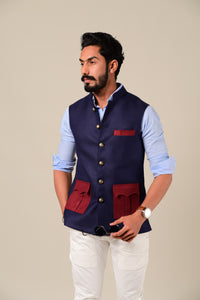 Exclusive Navy Half Jodhpuri Jacket with Maroon Pocket Details| Perfect for Casual wear, Festive wear, Party wear|