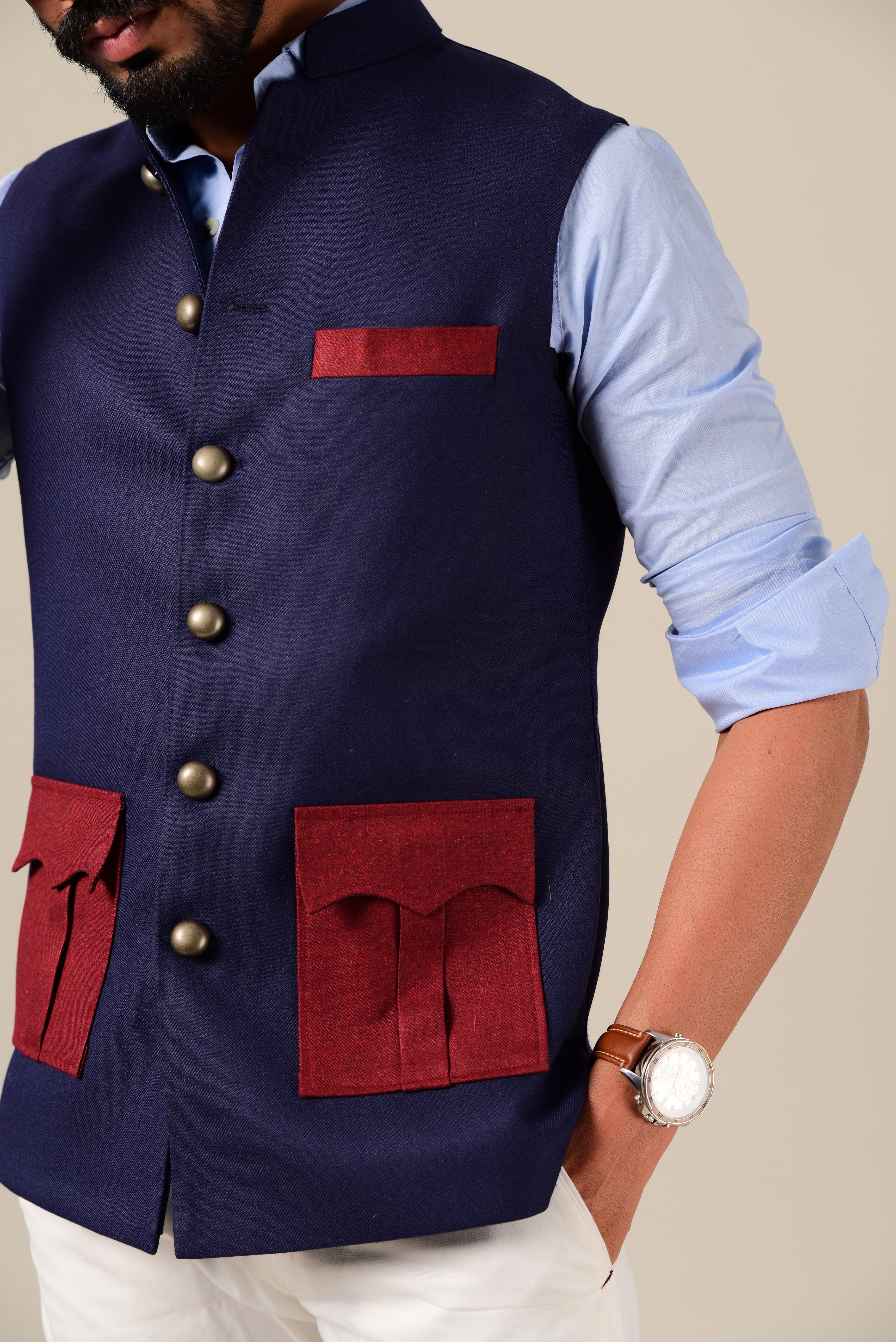 Exclusive Navy Half Jodhpuri Jacket with Maroon Pocket Details| Perfect for Casual wear, Festive wear, Party wear|