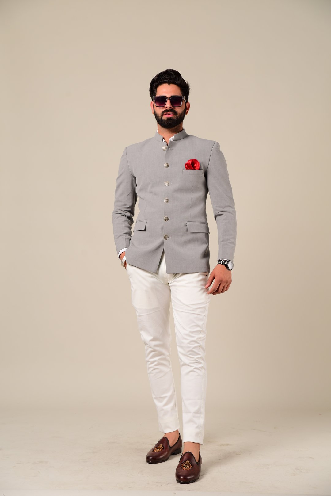 Hand-crafted Light Grey Jodhpuri Bandhgala with White Trouser | Perfect Contemporary style Indian Formal , functional and Party Wear