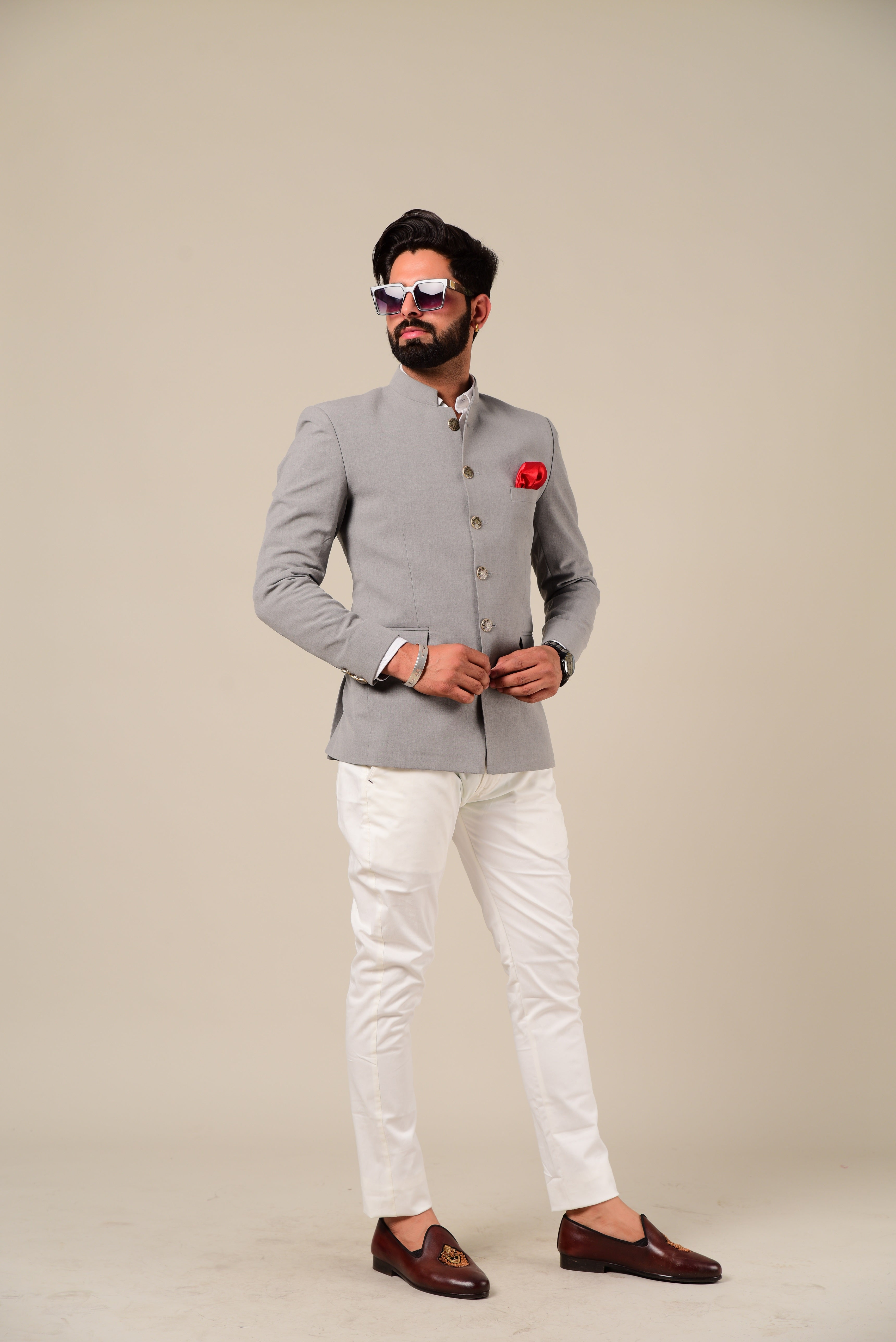 Hand-crafted Light Grey Jodhpuri Bandhgala with White Trouser | Perfect Contemporary style Indian Formal , functional and Party Wear