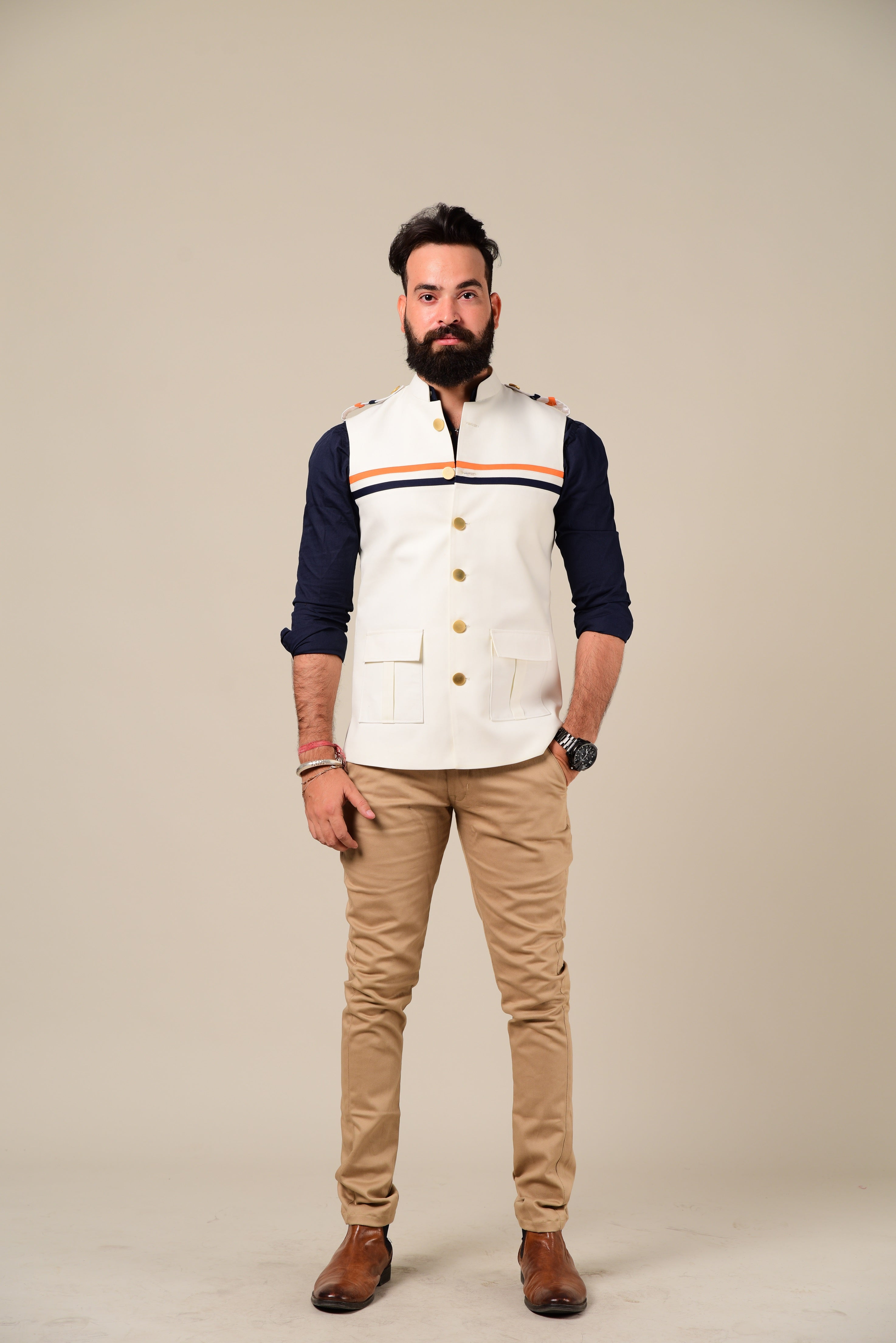 Alluring Off-White Hunting Jacket with Navy & Saffron Stripes Details| Breeches | Perfect for Party wear, Festive wear, Casual wear|