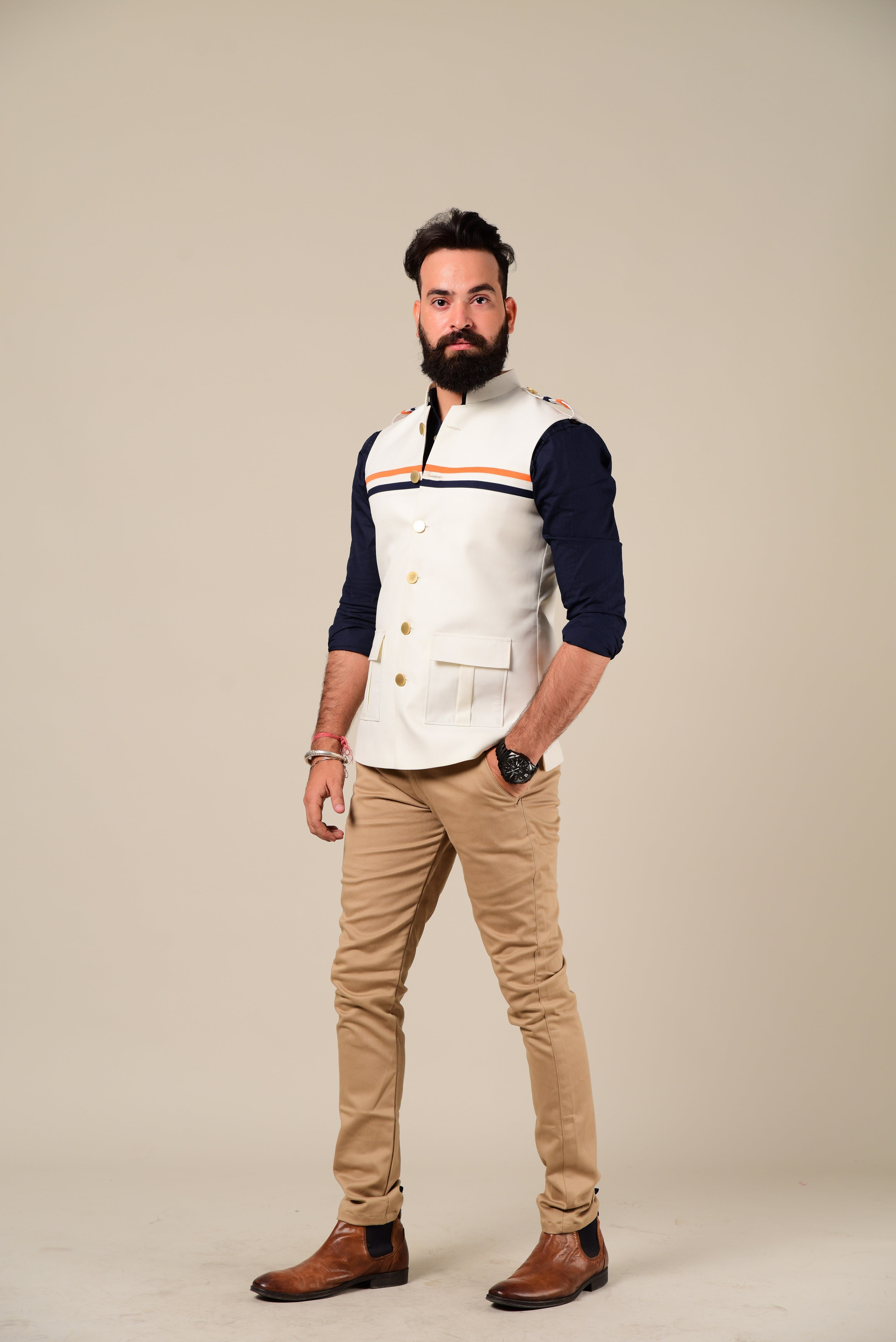 Alluring Off-White Hunting Jacket with Navy & Saffron Stripes Details| Breeches | Perfect for Party wear, Festive wear, Casual wear|