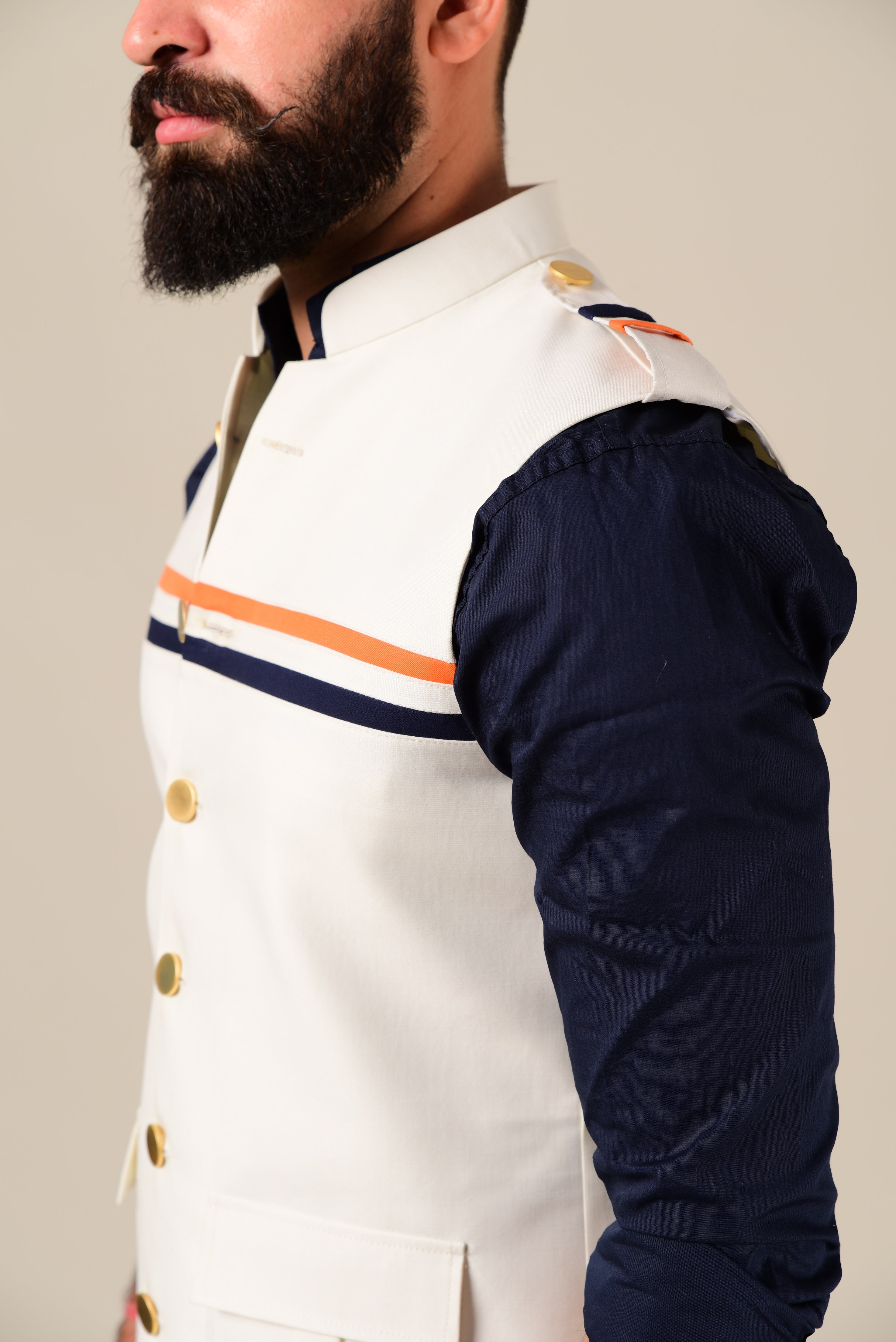 Alluring Off-White Hunting Jacket with Navy & Saffron Stripes Details| Breeches | Perfect for Party wear, Festive wear, Casual wear|