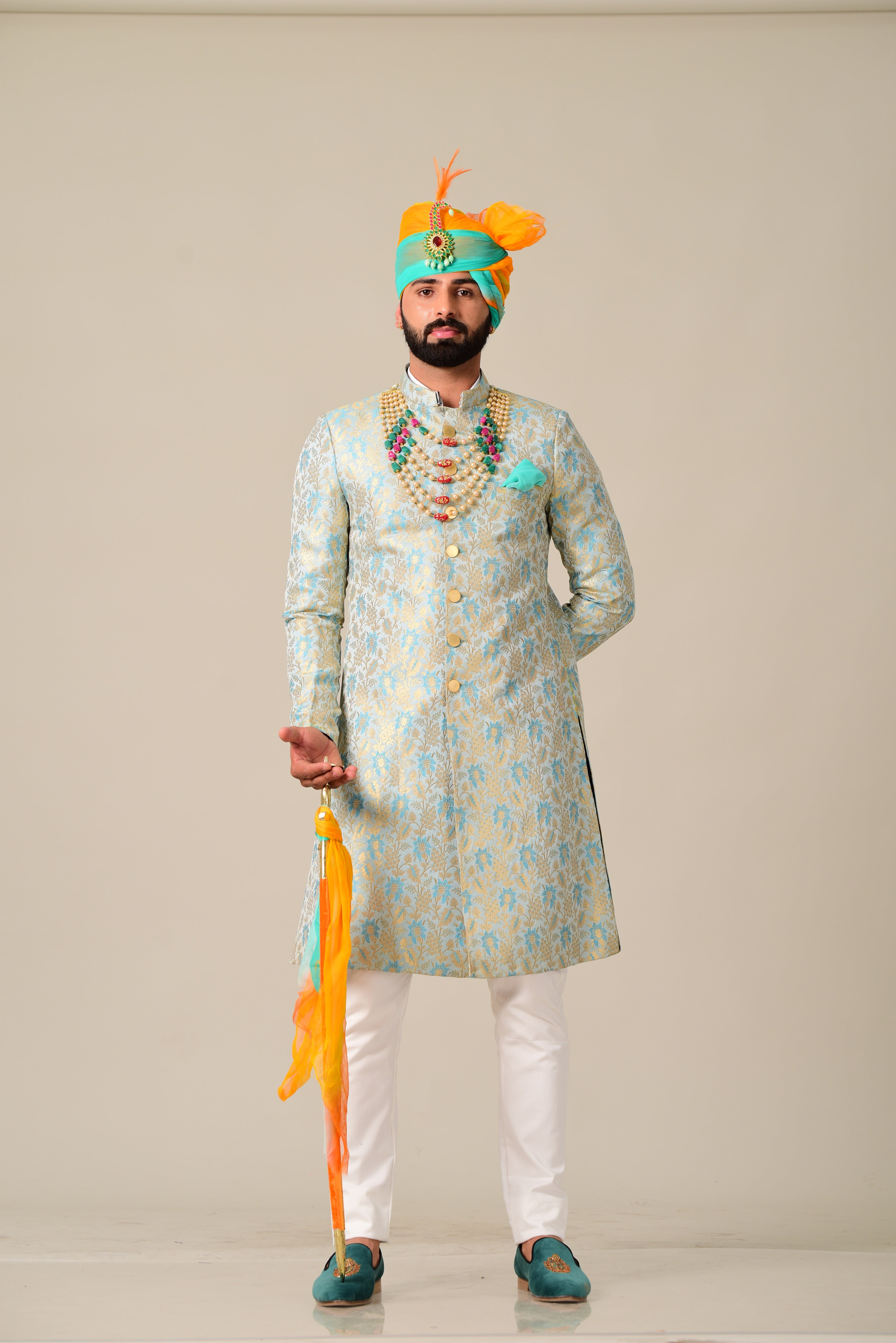 Dazzling Sky-Blue Hand-crafted Banarasi Brocade Sherwani /Achkan for Men | Traditional Wedding Style wear | Perfect for Family Weddings & Grooms